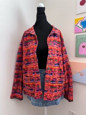 Vibrant Y2K Multicolor Floral Stripe Jacket – Beaded Embroidered Cotton